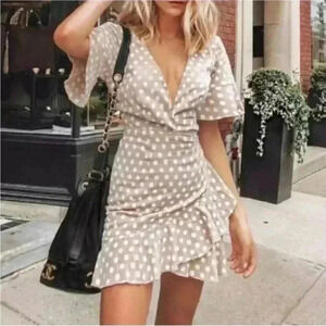 Revolve Majorelle Portia Ruffle Mini Polka Dot Cream wrap Dress in size medium